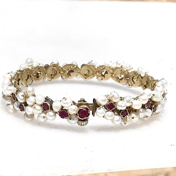 Austro Hungarian AAA Ruby Pearl Gilded Sterling Silver Bracelet Rare Antique 925 - Picture 5 of 10